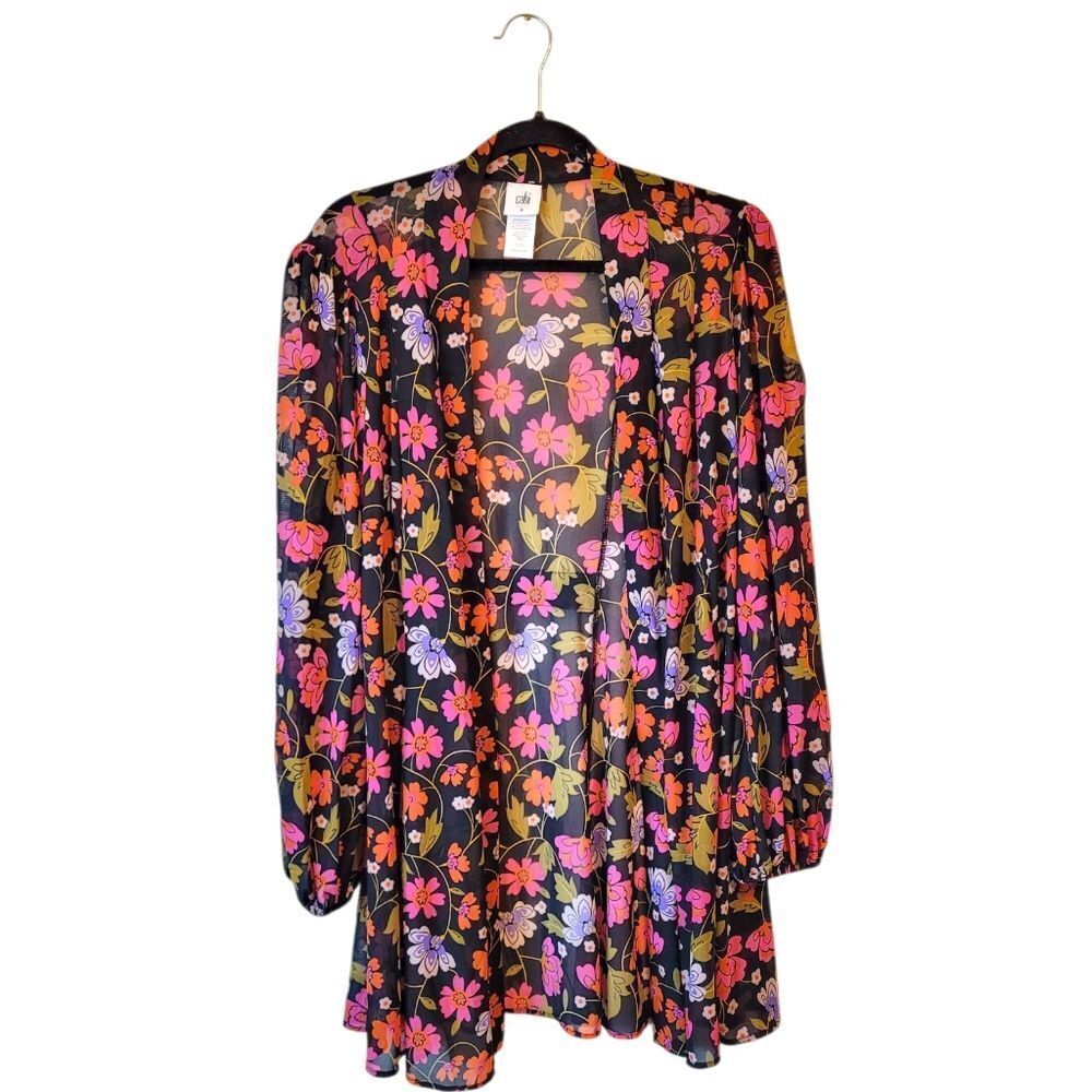 Cabi Black Vibrant Floral Mesh Tie Front Kimono Women's Size M